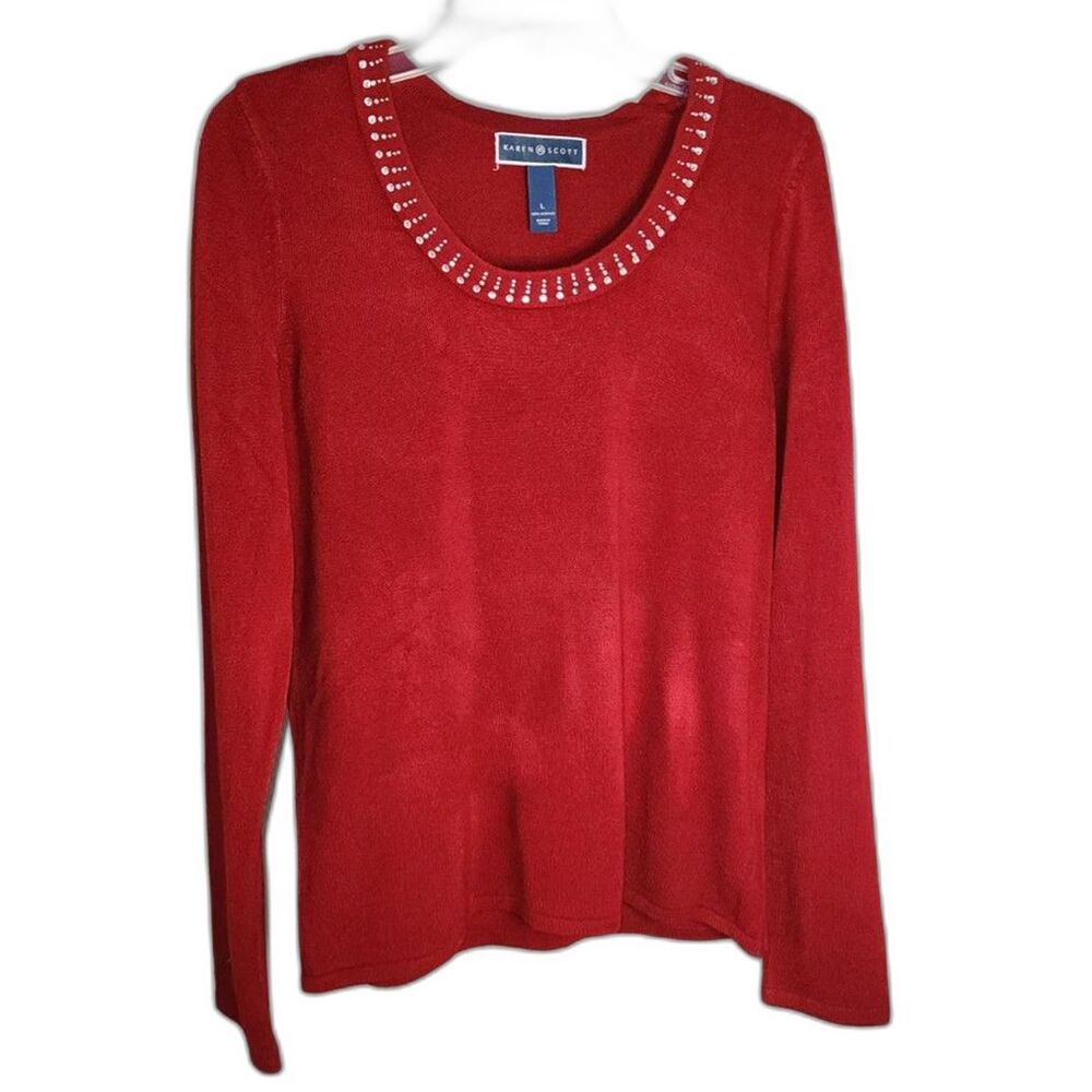 Karen Scott Red Scoop Neck Rhinestone Embellished Sweater Sz L